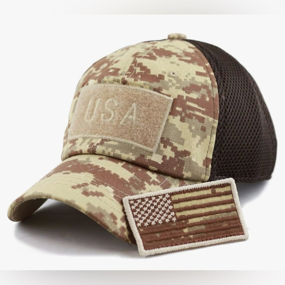 Pit Bull US Flag patch adjustable truckers hat desert camo mesh